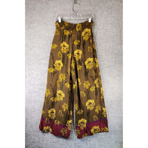 Anthropologie MAEVE Terrace Floral Wide Leg Pants Womens 2 Brown Gold Smocked - Picture 10 of 14